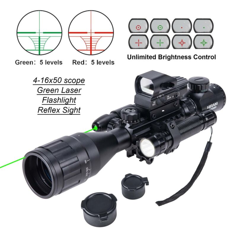 Hiram Rifle Scope 4-16x50 Eg W/ Holographic 4 Reticle Hd Sight&green Laser Combo