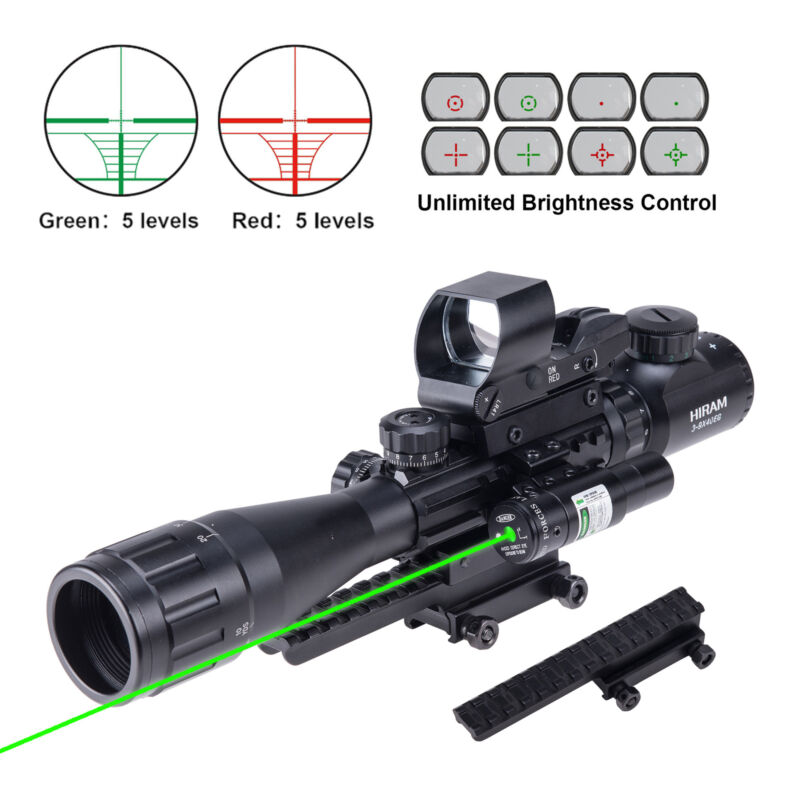 Rifle Scope 3-9x40 Rangefinder + Red Green Dot Sight + Green Laser + Riser Mount