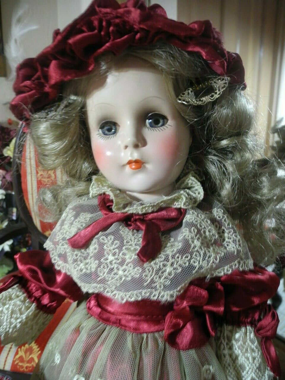 Ooak Nancy Ann Doll Blonde, Miss Valentine Matching Dress & Hat, Bouquet  17.5"