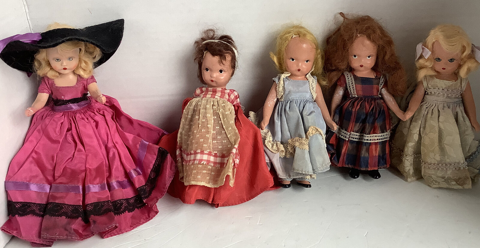 Five Vintage Storybook Dolls  4 Composition 6” 2 Plastic 1 Six Inch 1 Eight Inch