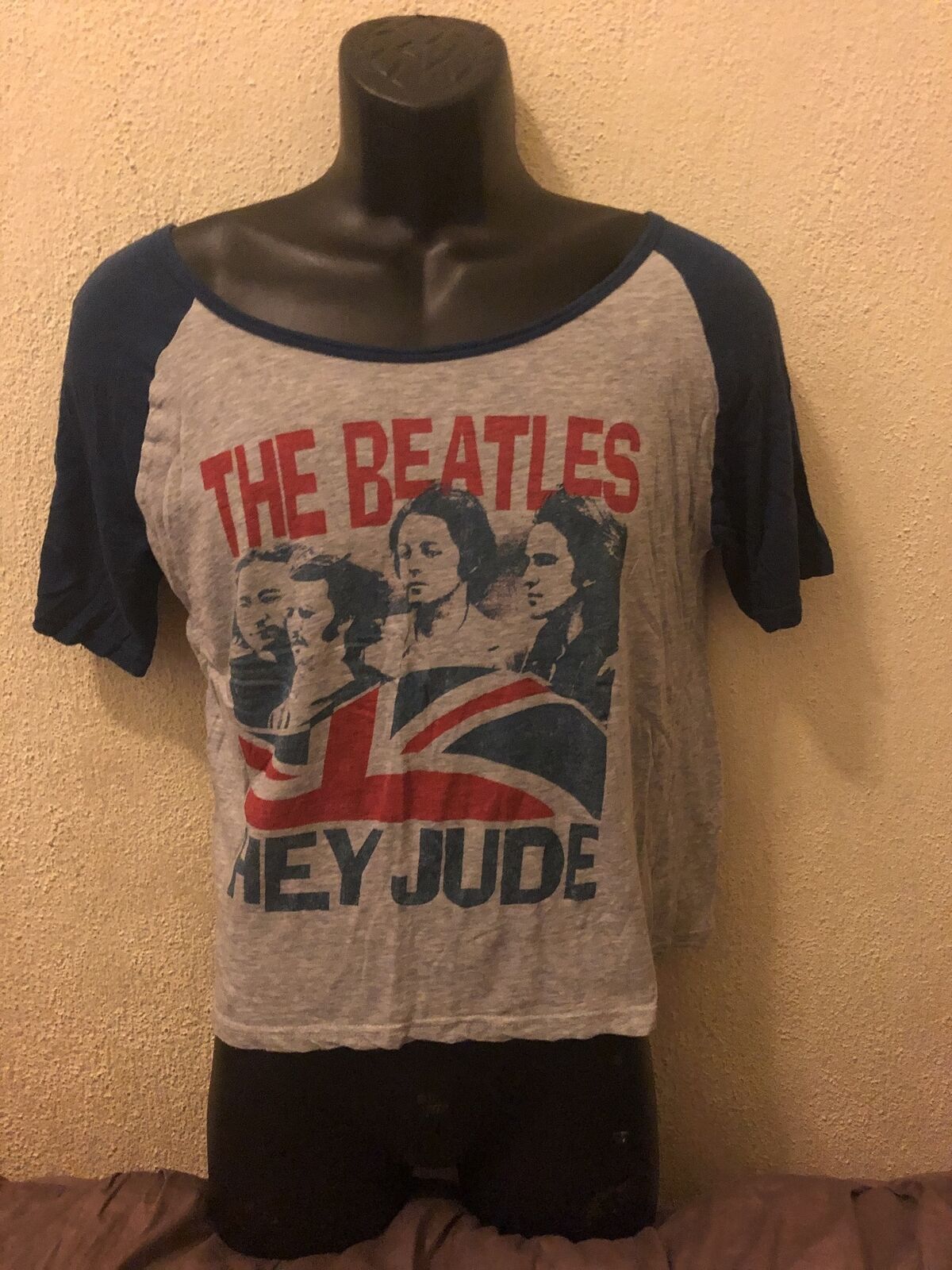 The Beatles 'hey Jude' Womens Grey-blue Half Top - Size Medium - Vgc - Band